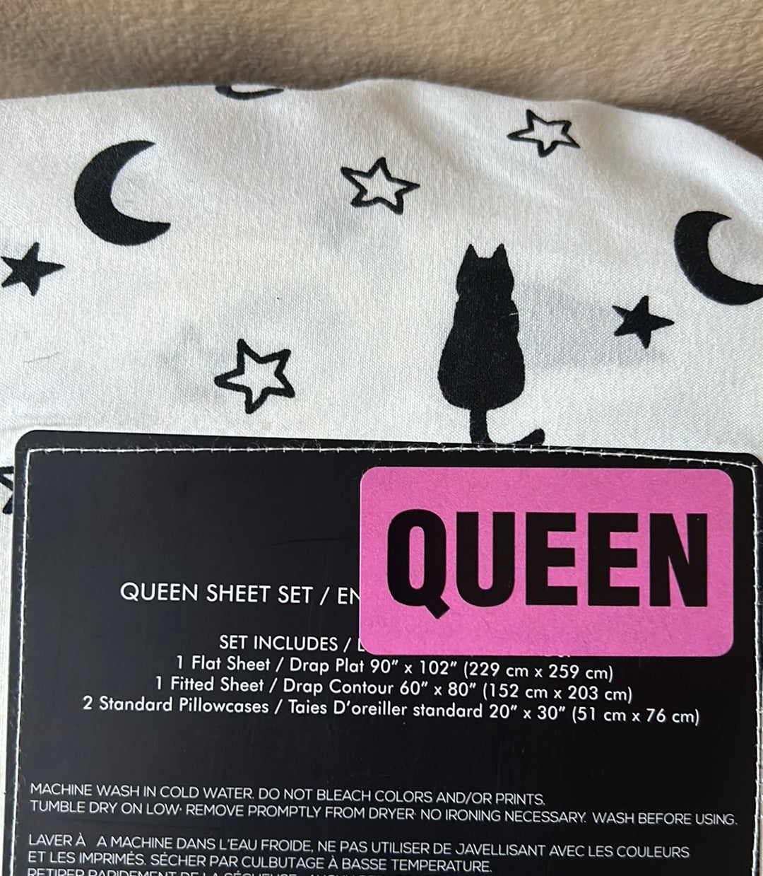 Nate & Nat Queen Sheet Set New Black Cat Stars Halloween Black & White