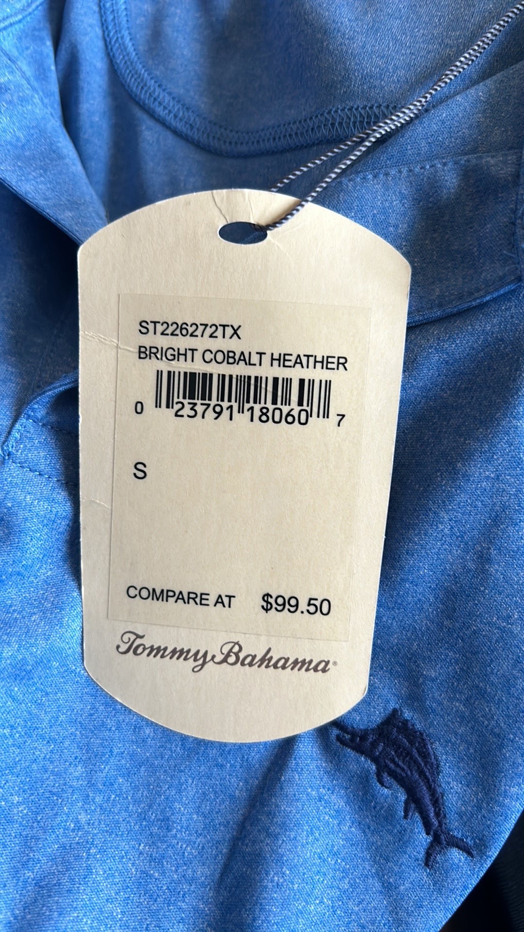 NWT Tommy Bahama Blue Short Sleeve Polo Shirt Marlin S Moisture Wicking UPF 30