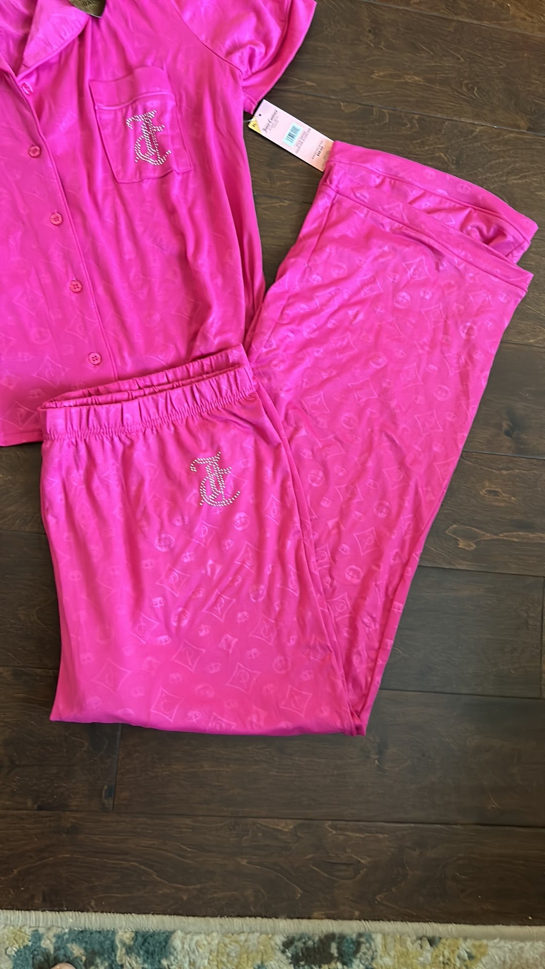 Juicy Couture Pj Set Women’s Sz XL Elite Pink Rhinestones Logo Front & Back New