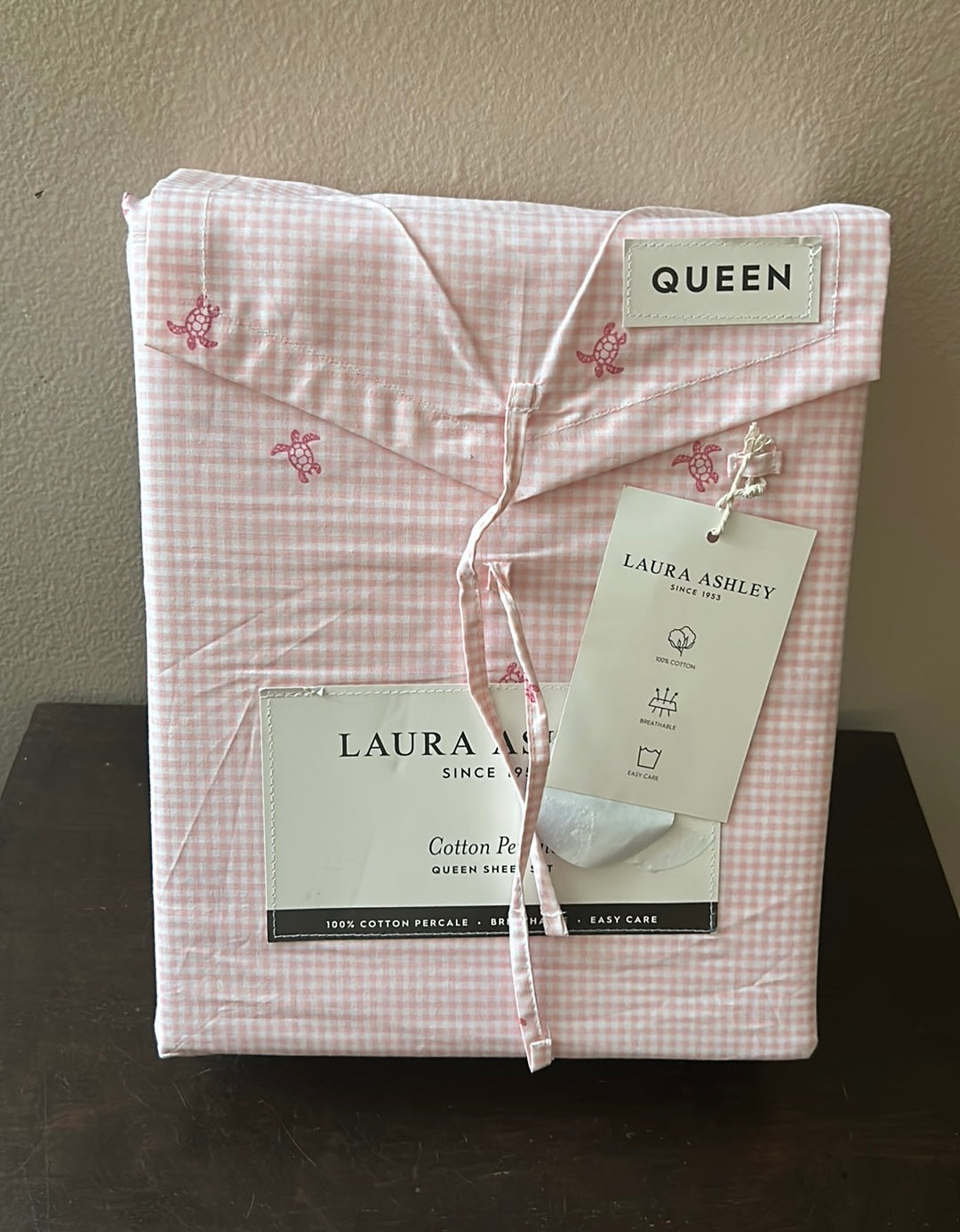 Laura Ashley QUEEN Size Cotton Percale Plaid Sea Turtle Sheet Set New Pink