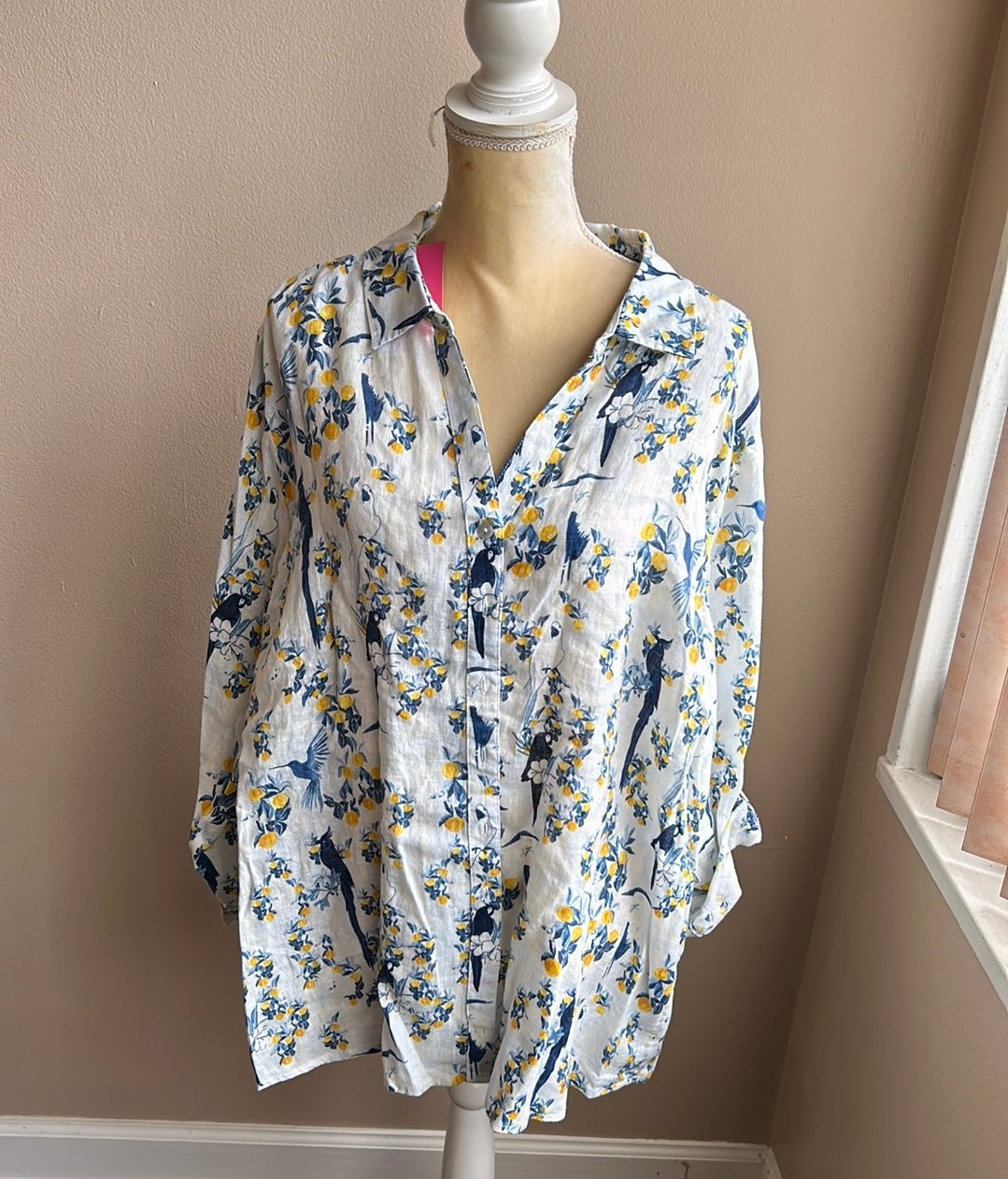 Isaac Mizrahi Womens New Linen Shirt Blouse Floral Birds Plus Sz 3X