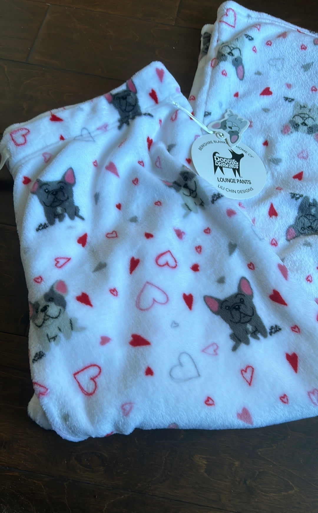 Berkshire womens Plush Pajama Pants  Hearts New Valentines Frenchie Dog