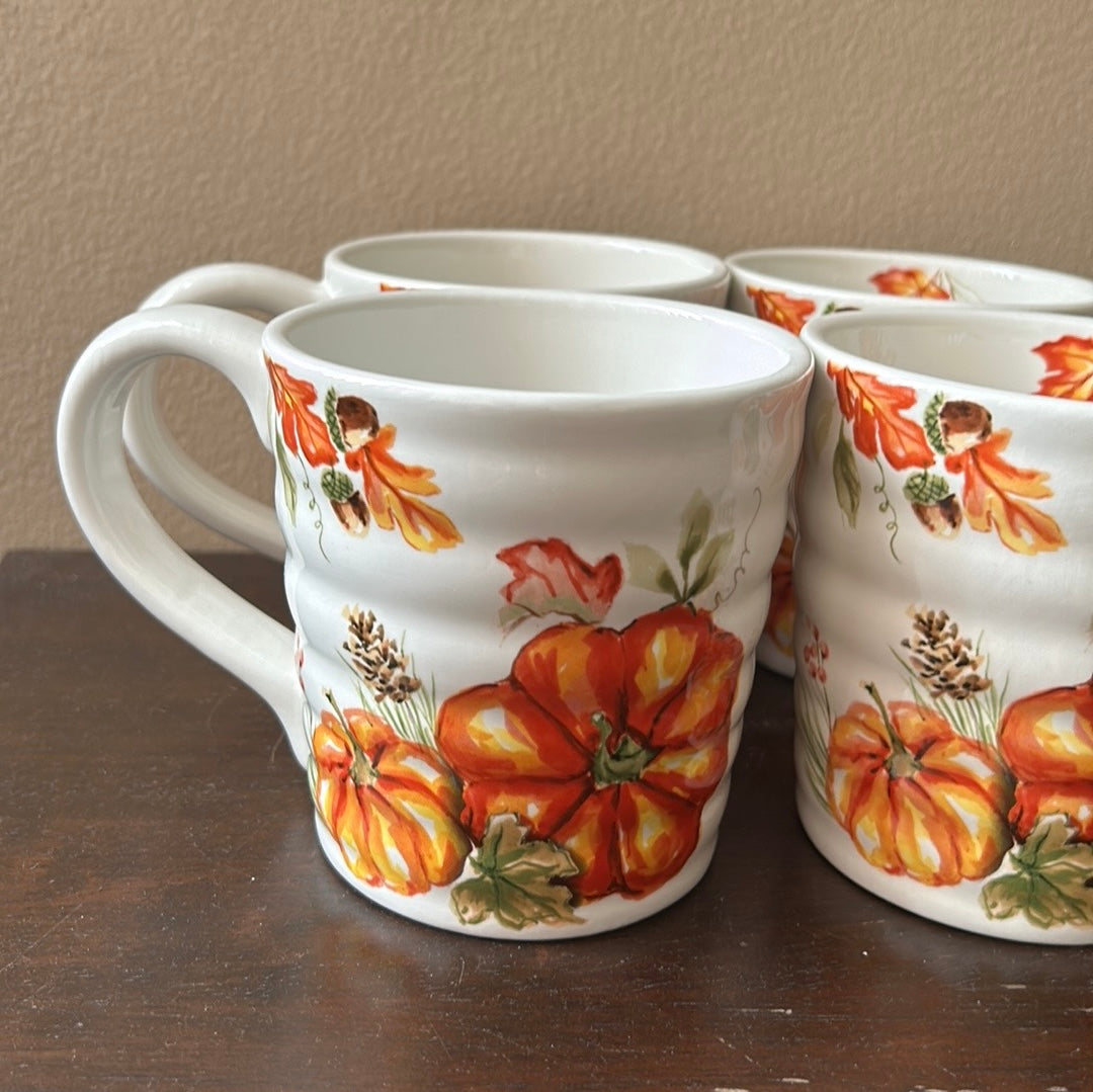 New Coffee Mug Cup New Pumpkins Fall Leaves Thanksgiving Set Of 4