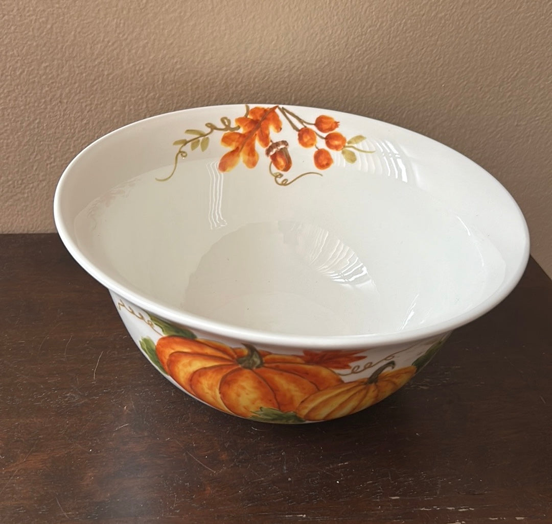 New Salad Pasta Serving Bowl Fall Leaves Pumpkins Thanksgiving Acorns