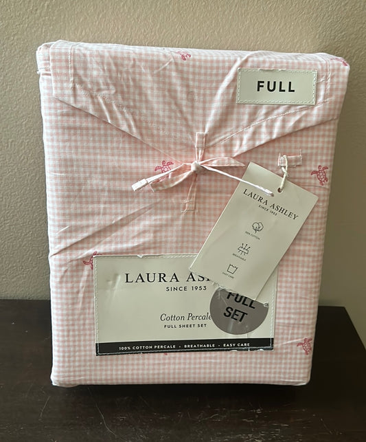 Laura Ashley Full Size Cotton Percale Plaid Sea Turtle Sheet Set New Pink