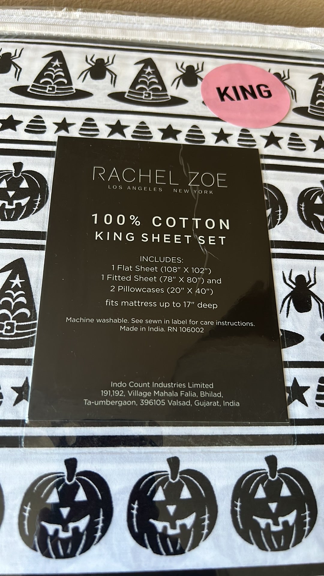 Rachel Zoe sheet Set Halloween Black White Jackolantern Spiders King Witch Hat