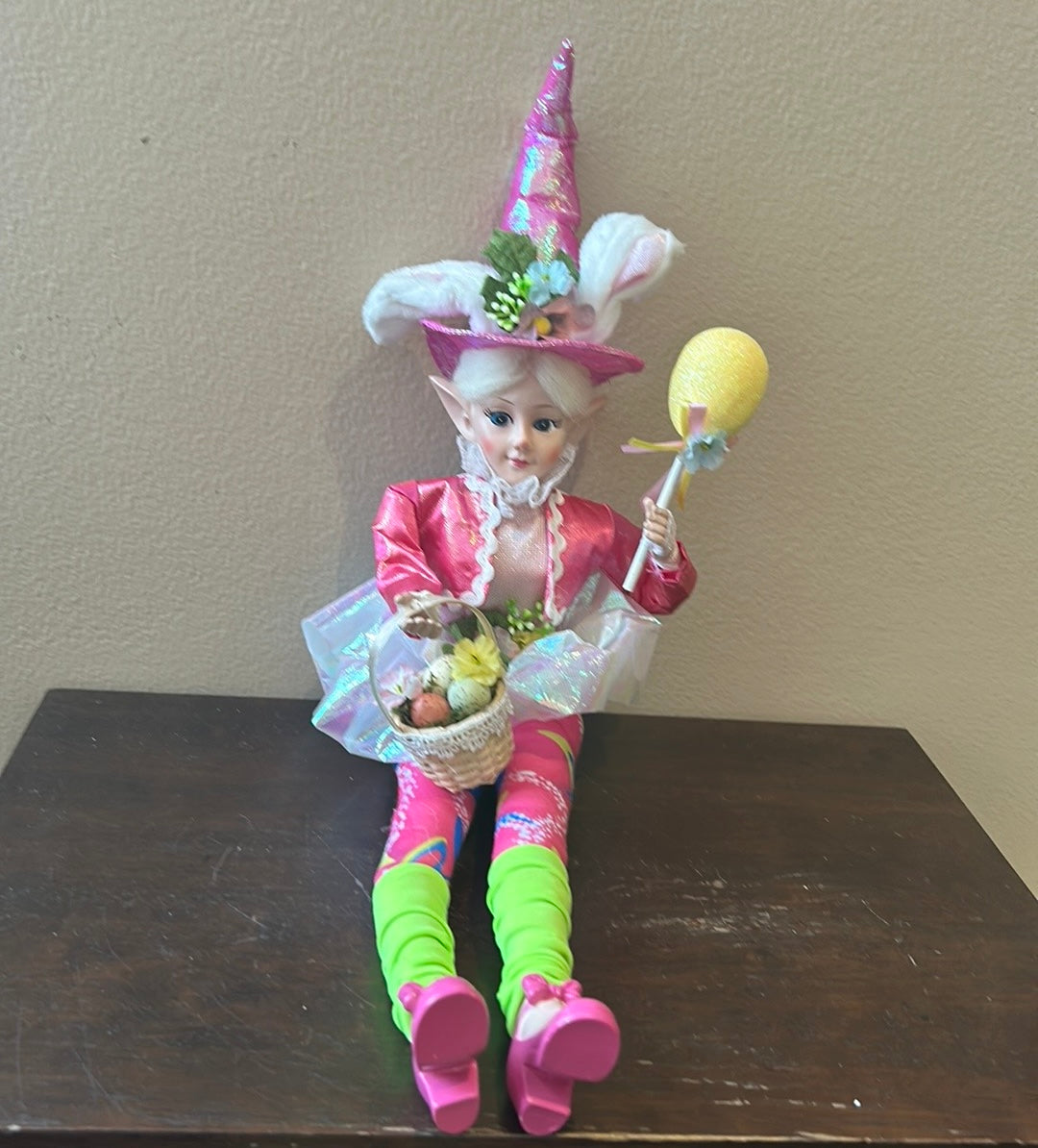 Cynthia Rowley Easter Elf Fairy Doll 16" Shelf Sitter Holding Flowers & Egg