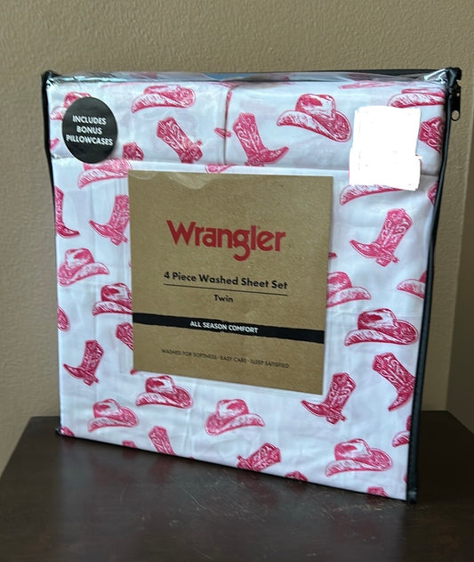 Wrangler 4 Pc Washed Sheet Set Twin Cowboy Hats Boots New Western Themed Pink