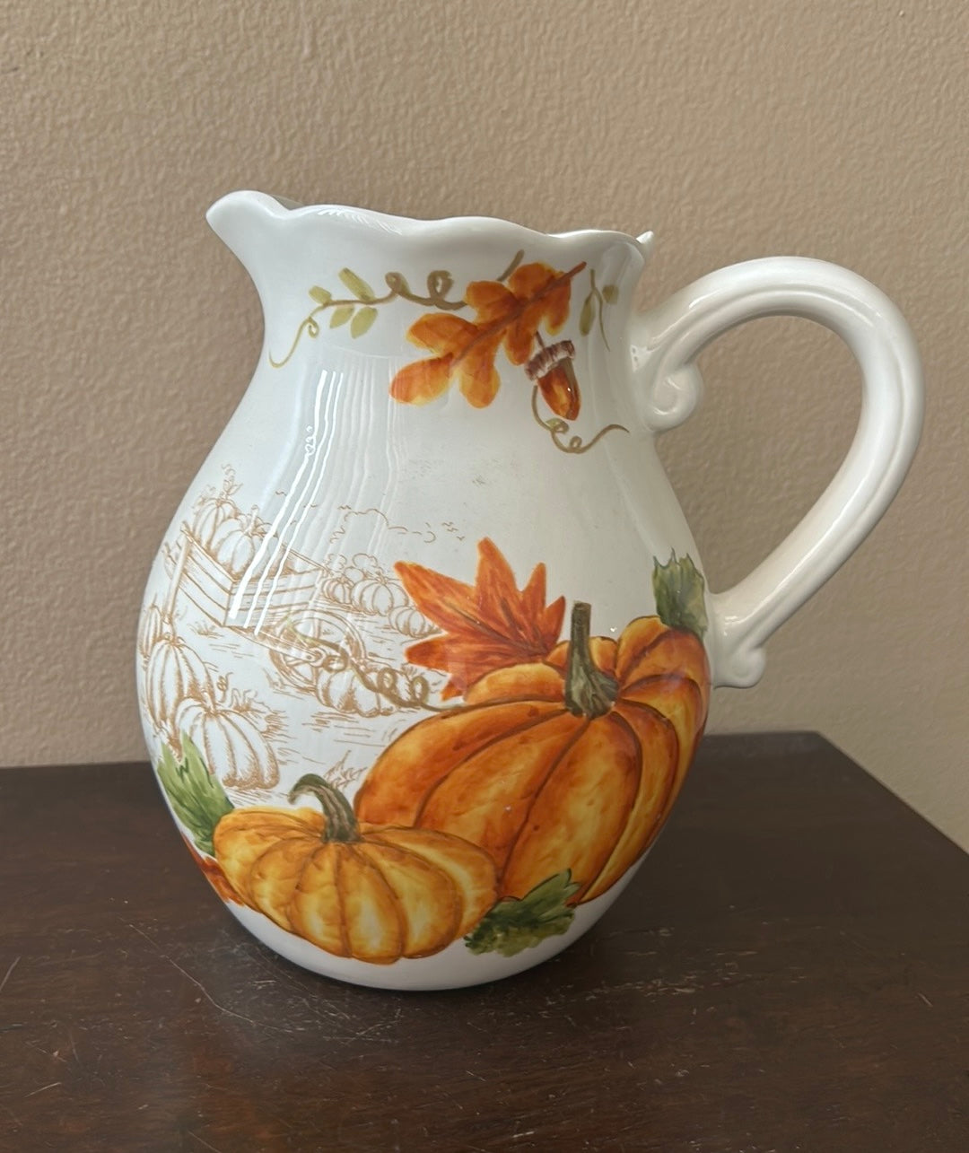 New Ceramic Pitcher Pumpkins Fall Leaves Berries Thanksgiving Ceramic 8.5” Tall