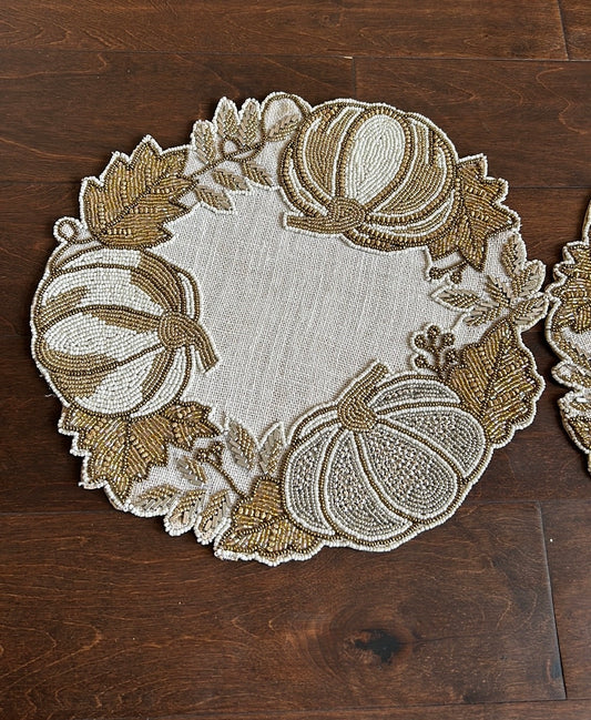 2 Nicole Miller Beaded Pumpkin Placemat Chargers Fall 15" NEW Gold Beige