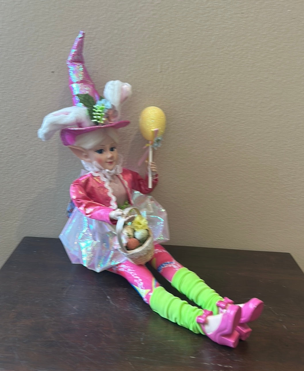 Cynthia Rowley Easter Elf Fairy Doll 16" Shelf Sitter Holding Flowers & Egg