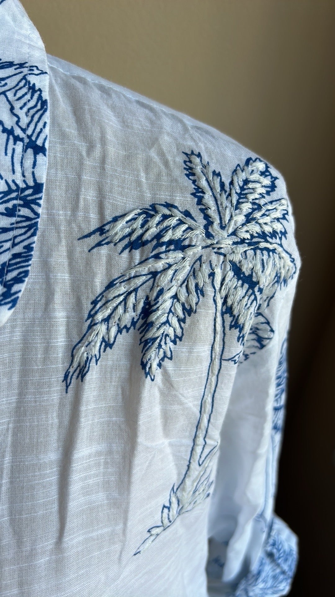 Blue Island Womens Coverup Embroidered White Blue Tunic Style sz L  Palm Trees