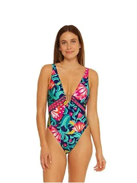 Trina Turk Women's Standard India Garden Plunge Neck Sz 12 Tropical