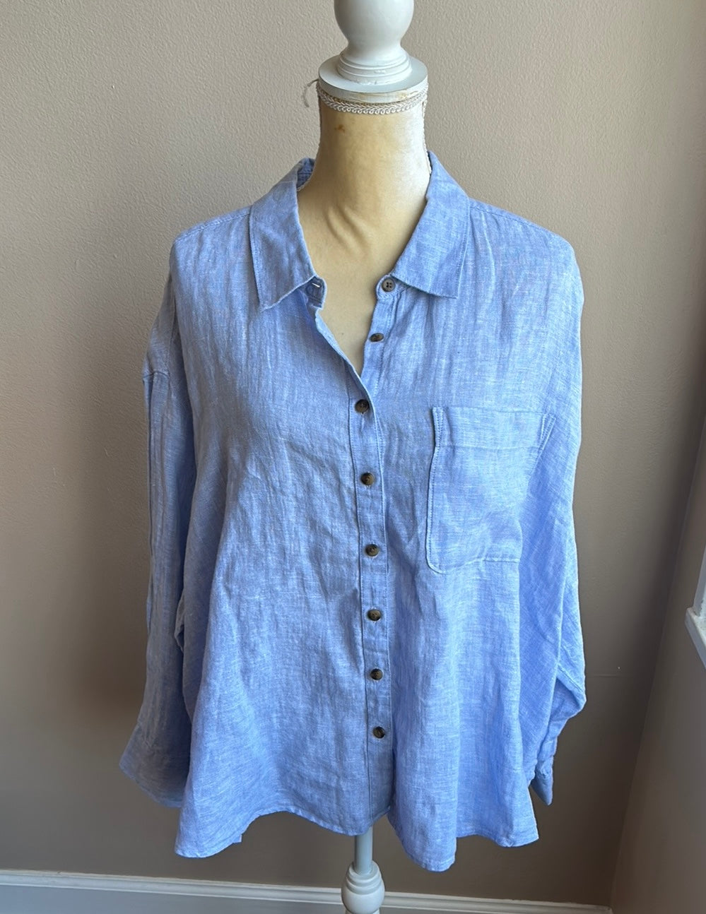 Jones New York Women Plus 2X Linen Blouse Top Rolled Cuff Sleeve Nwt Blue