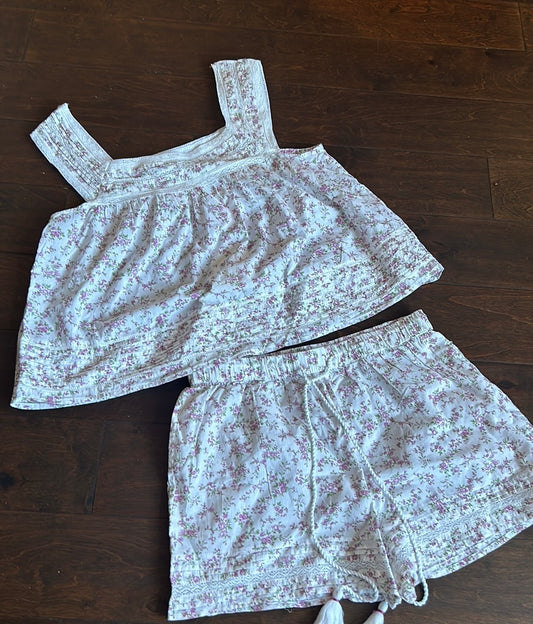 Rachel Ashwell Womens 2 Pc Pajama Set Floral Cotton Lace New Top & Shorts