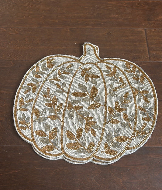 Tahari Set Of 2  Beaded Placemat Charger Pumpkins Fall Thanksgiving Silver Gold