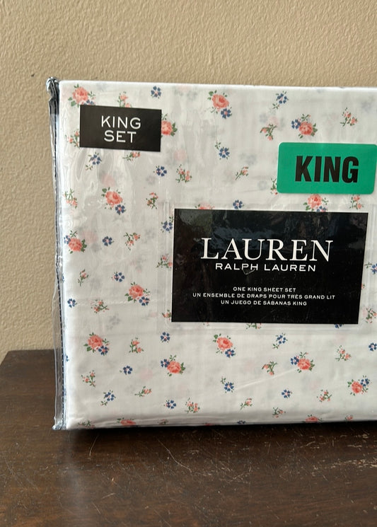 Ralph Lauren Dainty Blue Pink Floral 4pc KING Sheet Set - Cotton - NEW