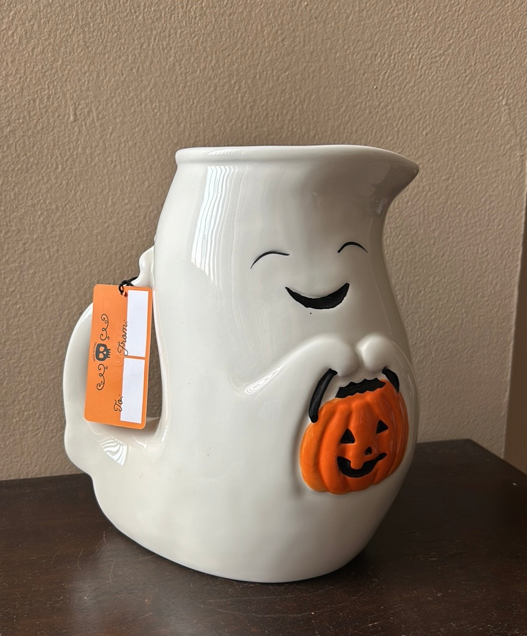 Trick Or Treat Ghost Pumpkin Ceramic Pitcher Halloween New Hand Painted 9”