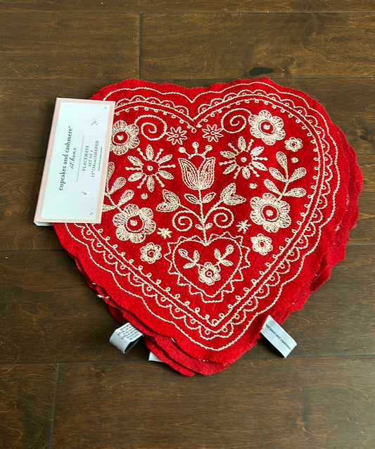 Cupcakes & Cashmere Set Of 4 Heart Shaped Placemats New Embroidered Red