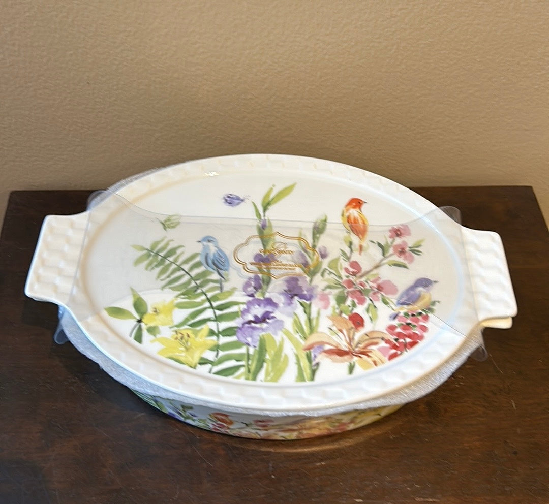 Grace's Pantry 3 in 1  Oval Baker Casserole w/ Lid Floral Birds Lavender  New