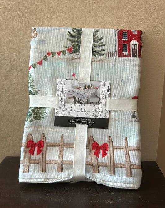 Nicole Miller Tablecloth Christmas Trees 60”x84” New Shimmery Snowman Red Bows
