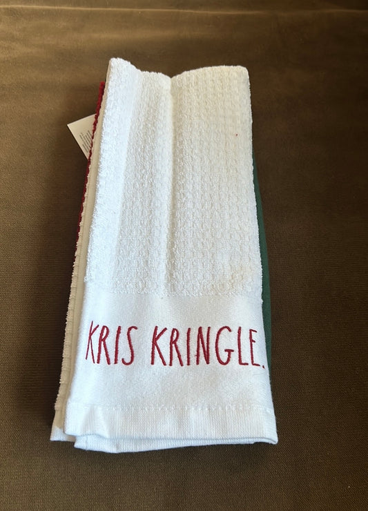 Rae Dunn Christmas Kris Kringle Santa Claus Kitchen Towels Set of 3 Embroidered