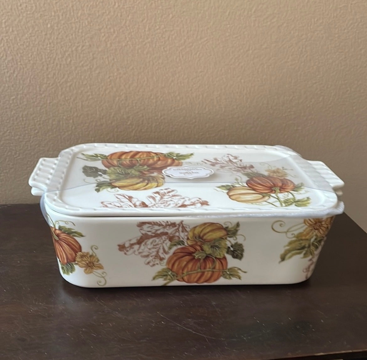 Grace Pantry Pumpkins Rectangular Porcelain Casserole Baking Dish & Lid New