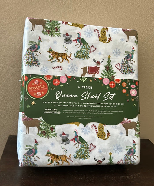 Envogue Queen Sheet Set New Christmas Safari Animals Tiger Reindeer Peacock