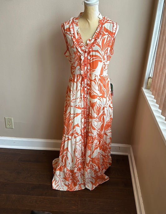 True Destinations Womens Printed Orange Off White Coverup Maxi Tropical