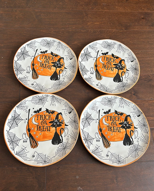 Eli & Ana Set Of Halloween Dinner Plates New Black Cat Witch Hat  Spiderweb 11”