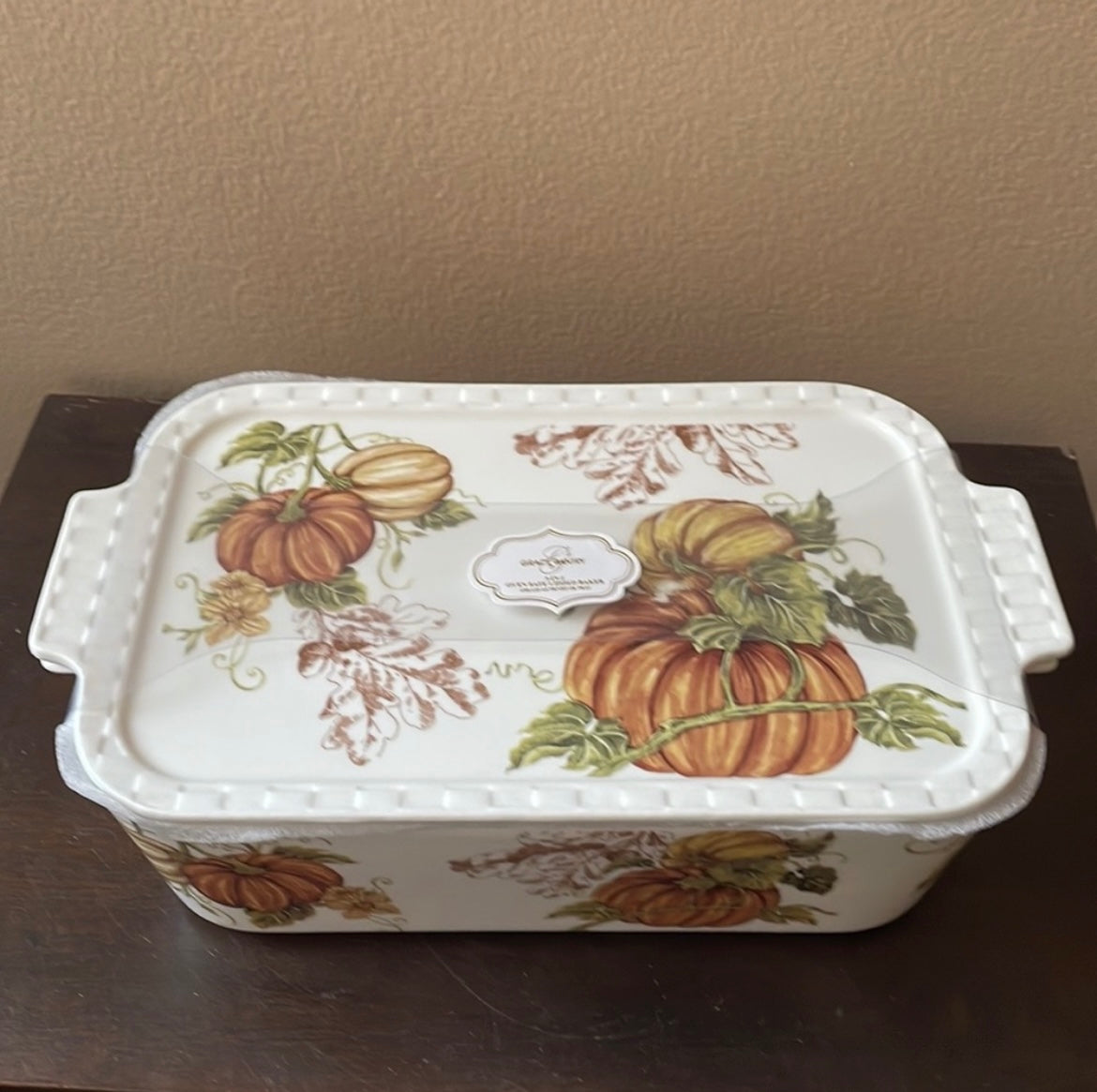 Grace Pantry Pumpkins Rectangular Porcelain Casserole Baking Dish & Lid New