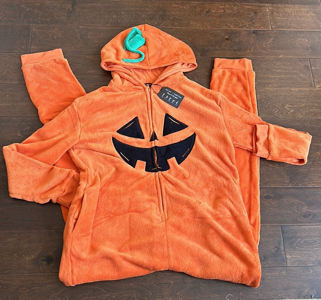 Womens Plush Pumpkin Union suit One Piece Sz XL Hooded New Orange Halloween