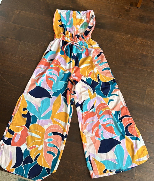 True Destinations Womens Swim Jumpsuit Tropical Strapless Beach Coverup