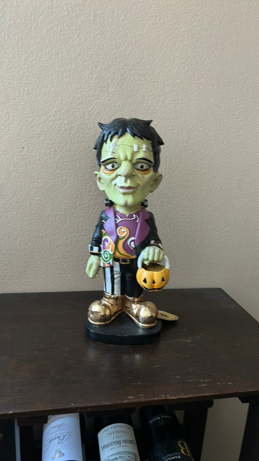 New Frankenstein Halloween Figurine Holding Pumpkin Basket 11.5” Tall