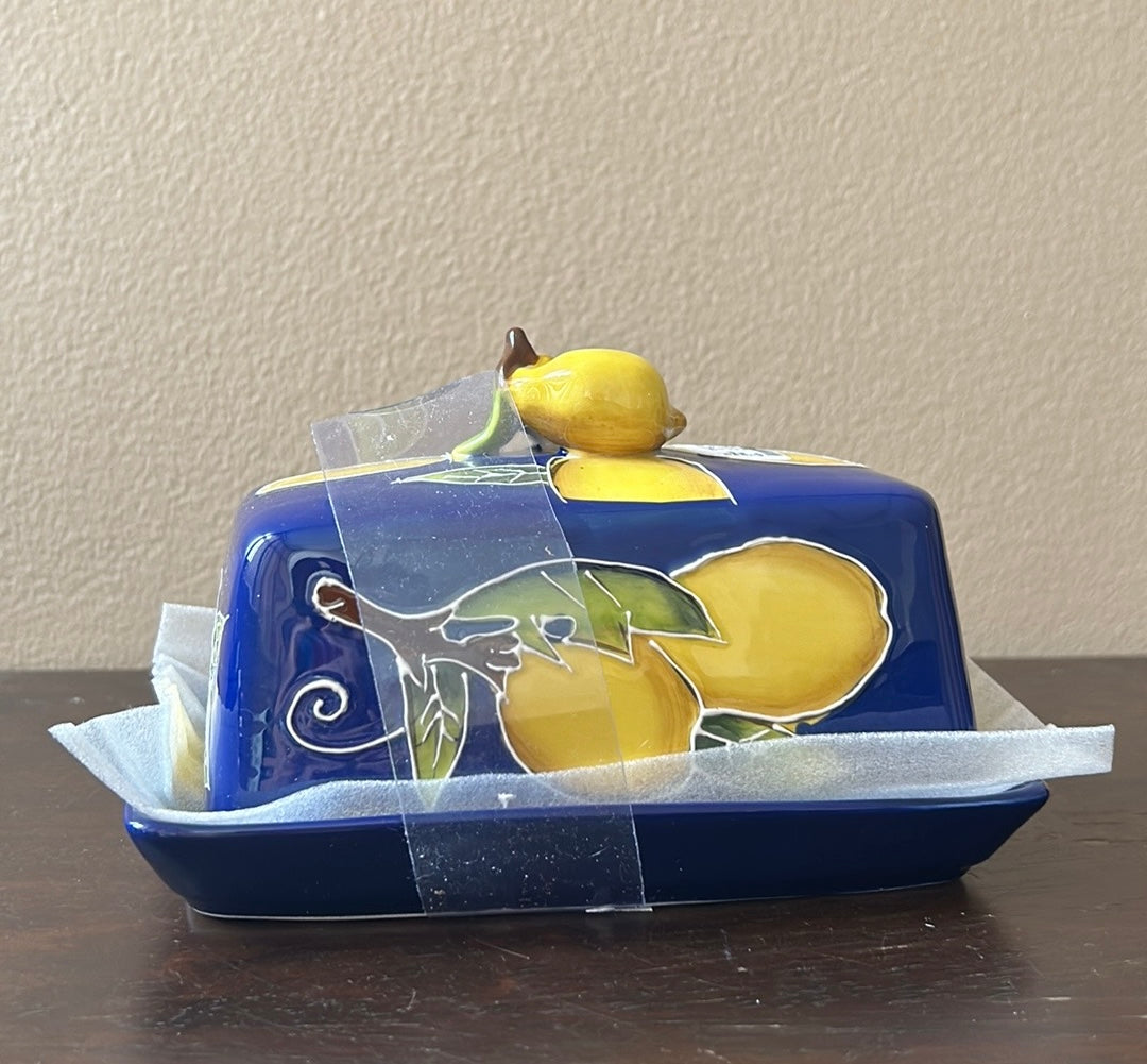 New Blue Sky Clayworks Heather Goldminc Covered Ceramic Butter Dish Lemon Blue