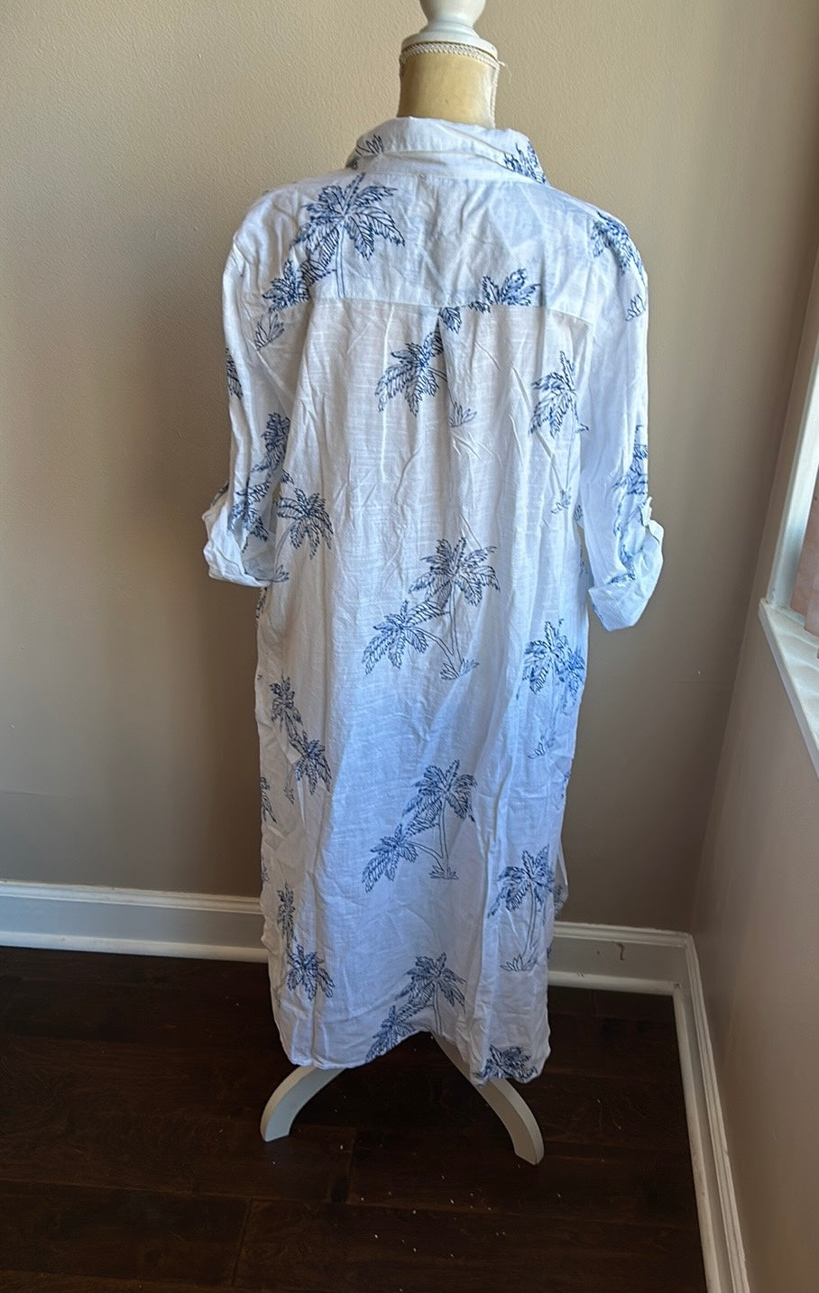 Blue Island Womens Coverup Embroidered White Blue Tunic Style sz L  Palm Trees