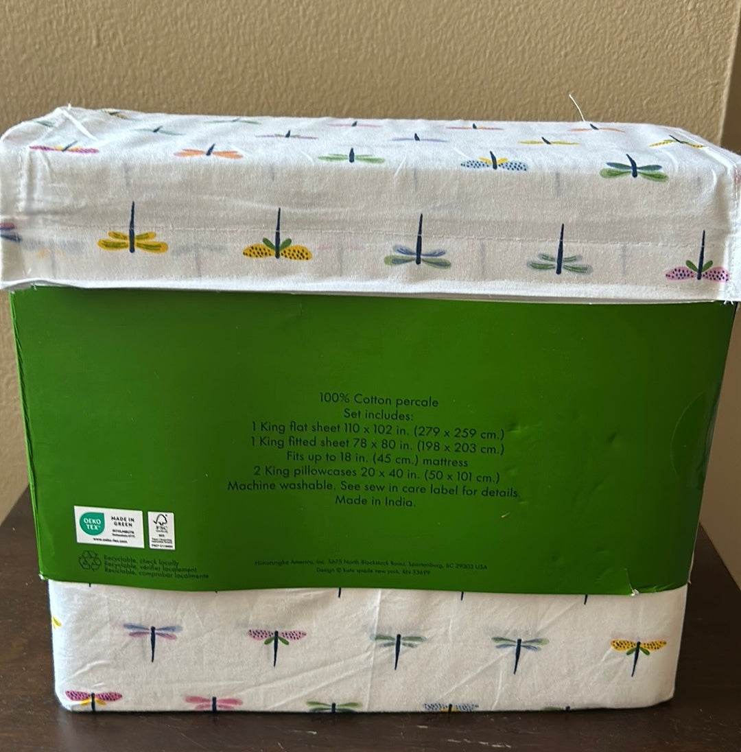 NEW KATE SPADE King  Sheet Set 4 Pc Colorful Dragonflies Cotton Percale