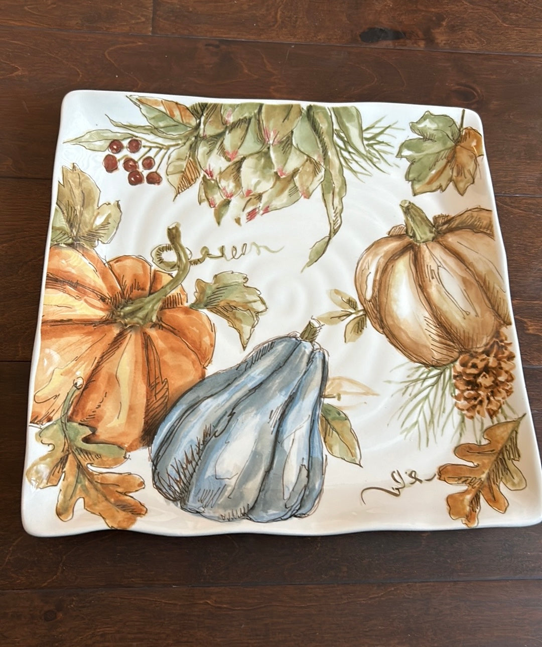 Set Of 4 Pumpkin Fall Leaves Dinner  Plates Ceramic Square 10 3/4”