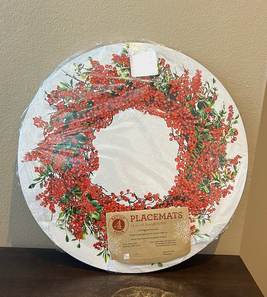 New Benson Mills Set of 4 Christmas  Cork Placemats Red Berries Wreath Round 14”