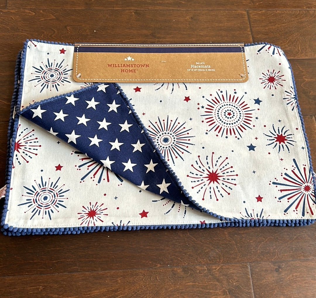 4 Williamstown Home Red White Blue Placemats  Americana Fireworks Reversible