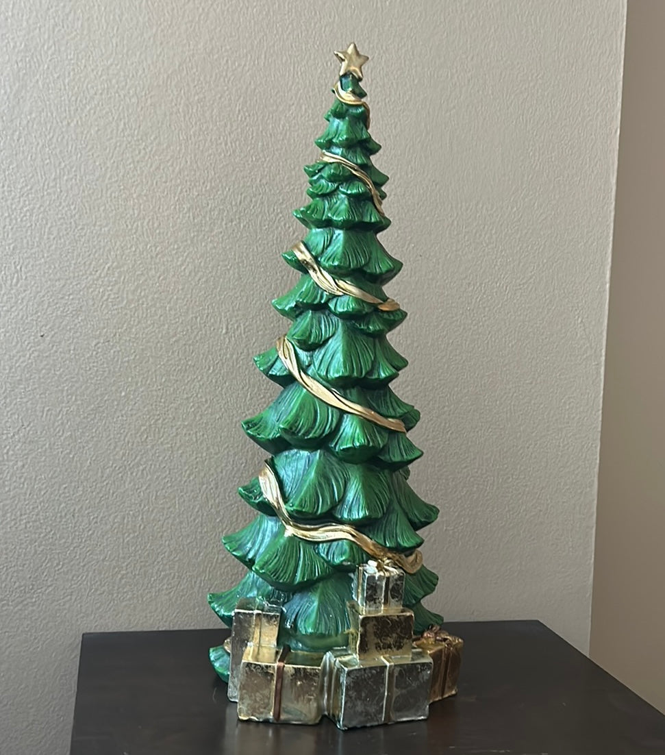 New Green Gold Christmas Tree With Gifts Under 20” Tall Resin