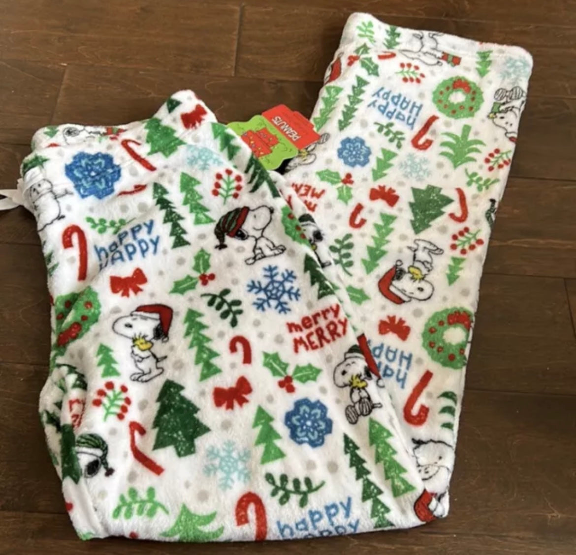 Peanuts womens Christmas Snoopy Plush Pajama Pants New Snowflakes