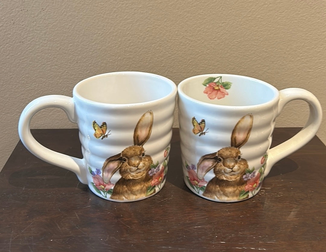 Coffee Mugs Set Of 2 Cups New Easter Bunny Floral Spring Pattern Butterflies