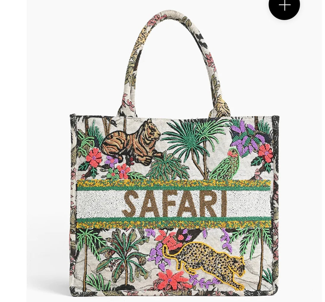 America & Beyond AFRICAN SAFARI EMBELLISHED TOTE Animals Jungle New