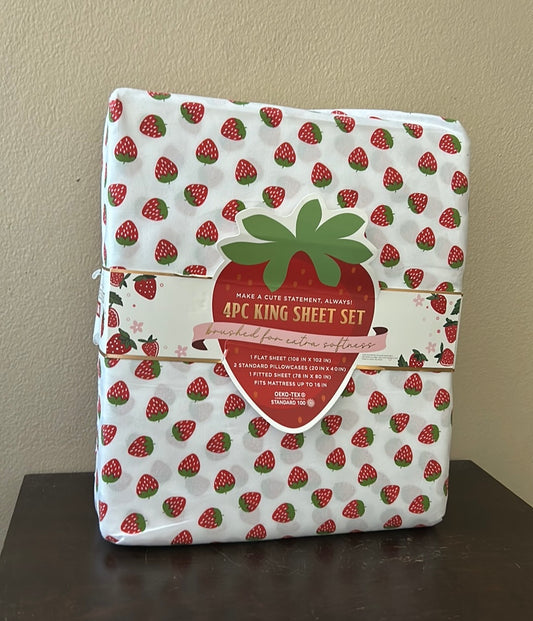 Envogue New Red Strawberry Print King  Sheet Set New