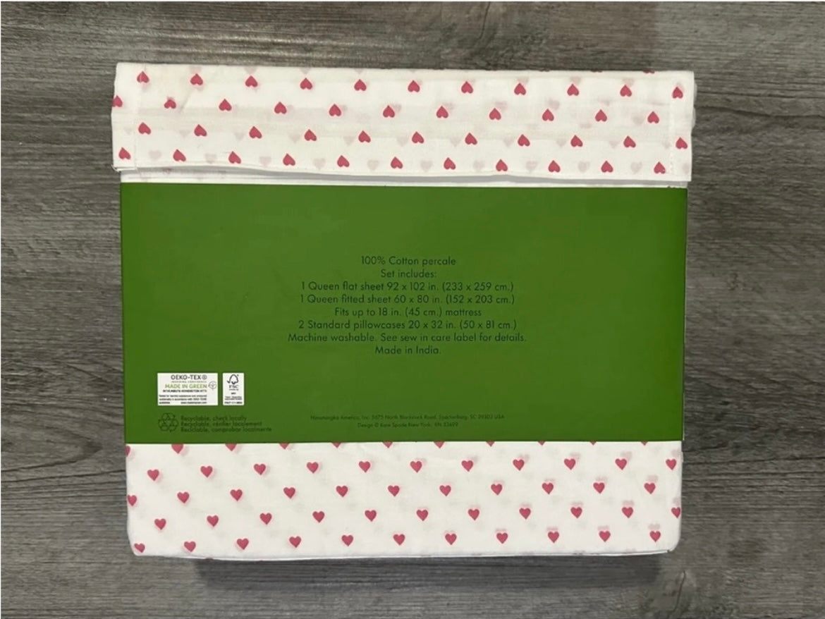 Kate Spade QUEEN Sheet Set 100% Cotton Percale PINK Hearts on White 4 piece NWT