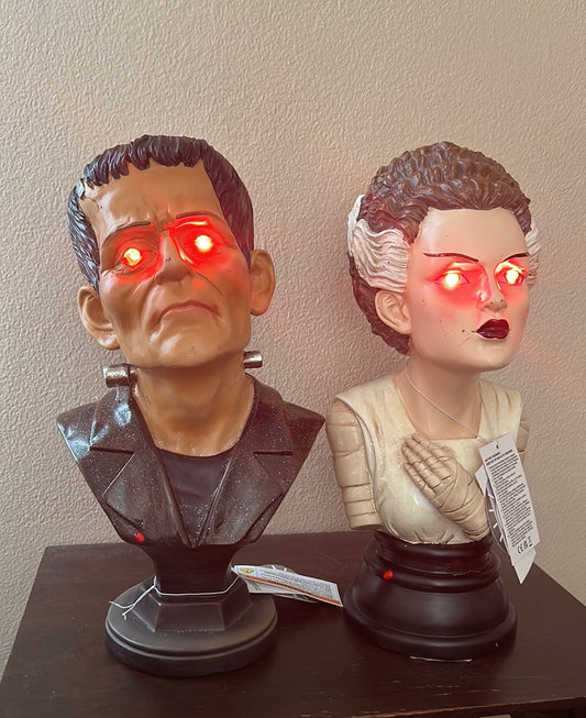 Frankenstein & Bride Bust HALLOWEEN Decor Decoration Pedestal Light Up Set NEW