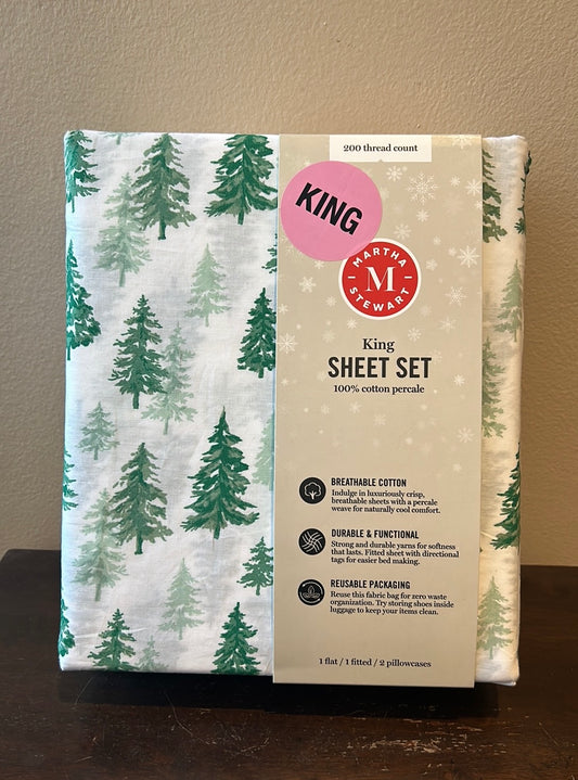 Martha Stewart Christmas Evergreen Trees King Sheet Set 4pc 200Thread Count