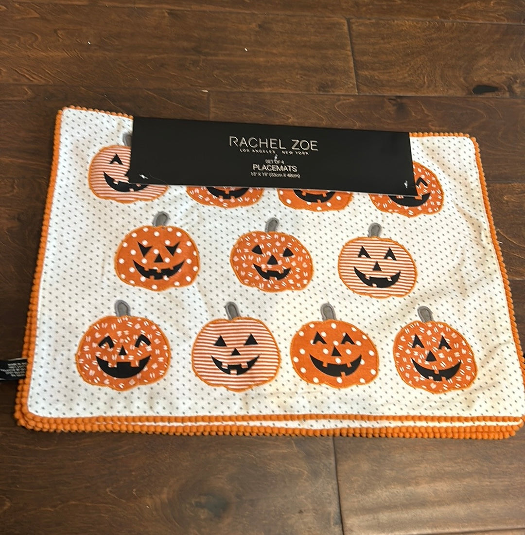 Rachel Zoe Set Of Placemats Halloween Pumpkin Jackolantern Polka Dot New