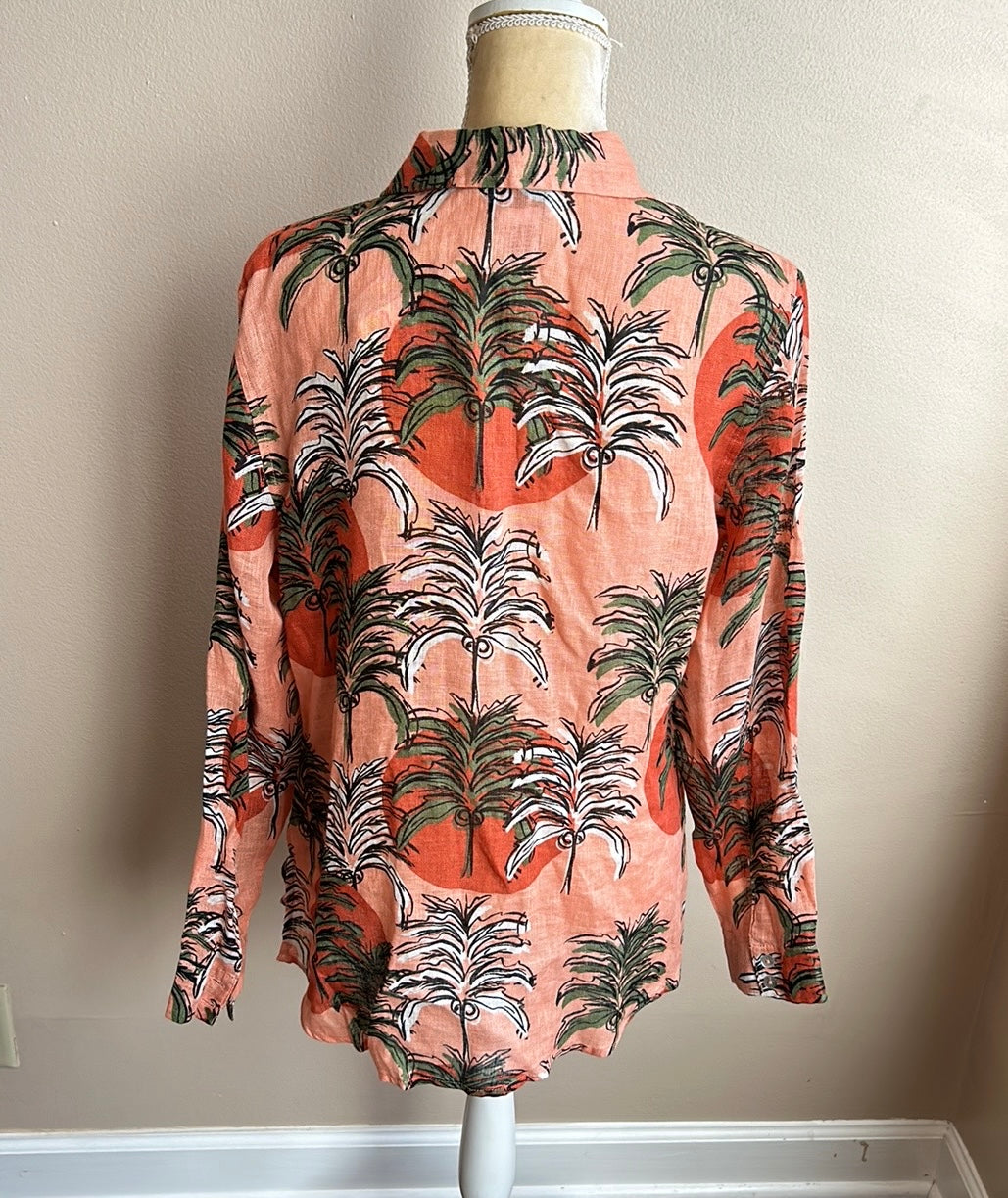 Nicole Miller Women’s Linen Shirt Tropical New Palm Trees Long Sleeve Sz M